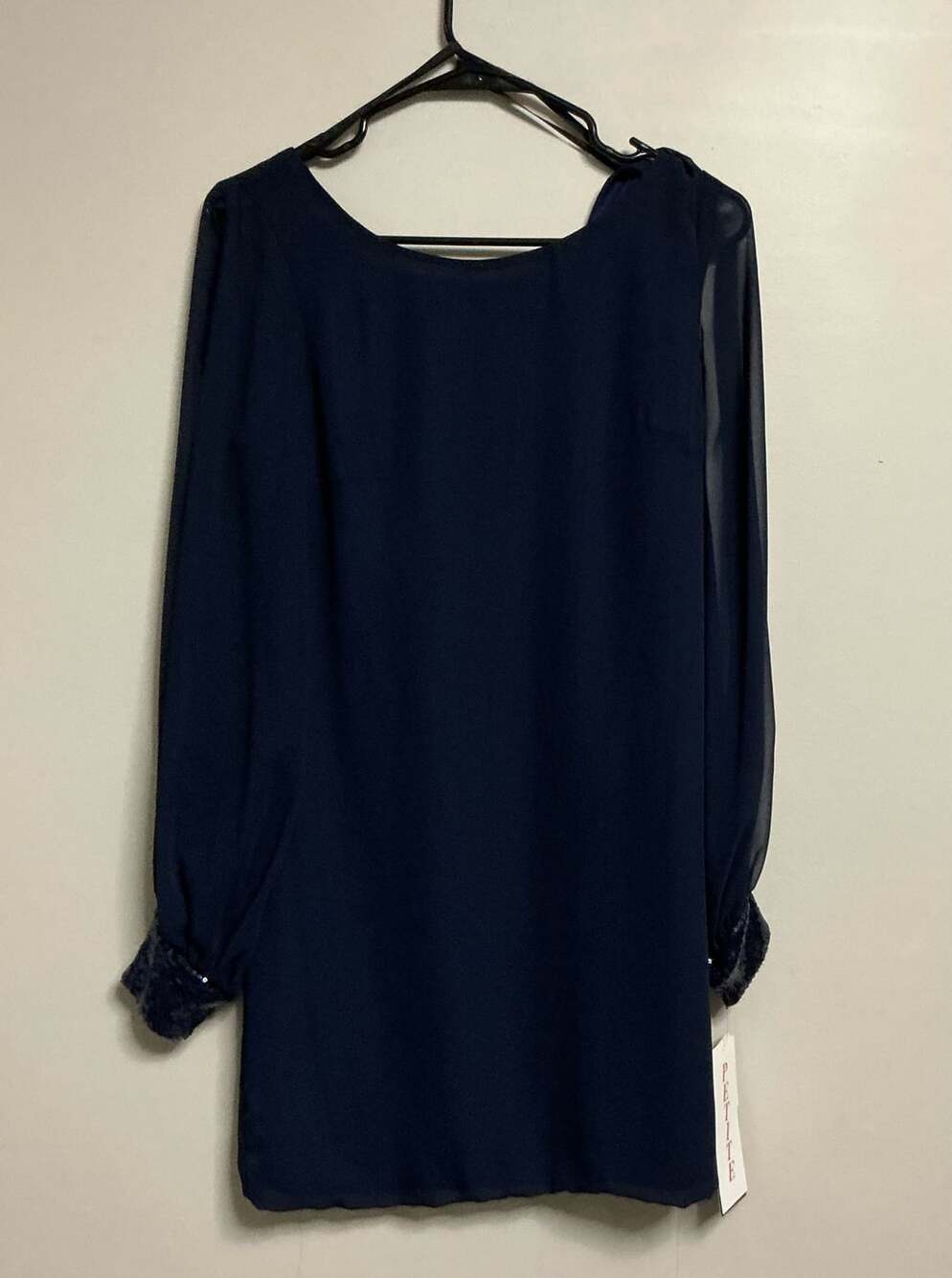 NWT Betsy & Adam Petite Navy Blue Shift Dress Chiffon Sleeves Sequin Cuffs Sz 6P